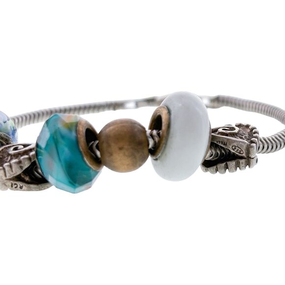 Vintage Sterling Silver 925 6 Charm Bracelet with Blue Murano Glass Beads 7.75" - Picture 2 of 6